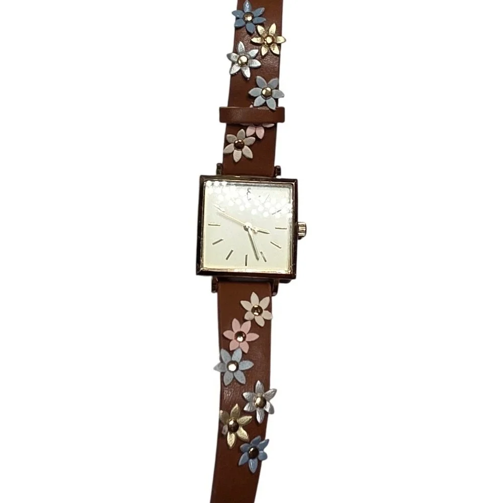 Square Gold Tone Flower Embellished‎ Watch Brown Leather Strap Japan Movt 13022
